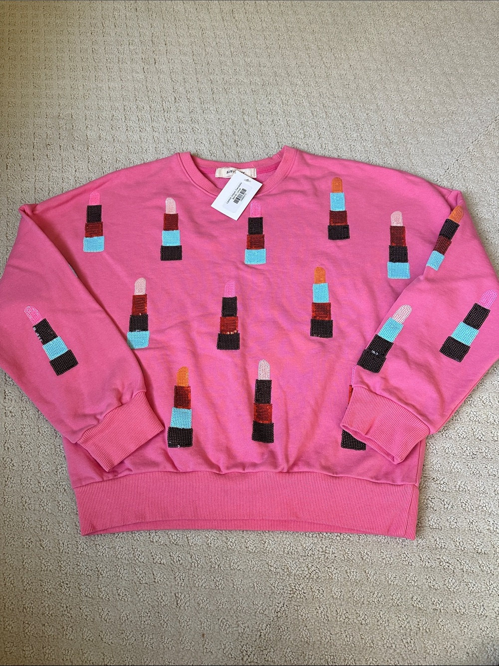 Sequin Sparkles Pink Lipstick Motif Sweater small NWT
